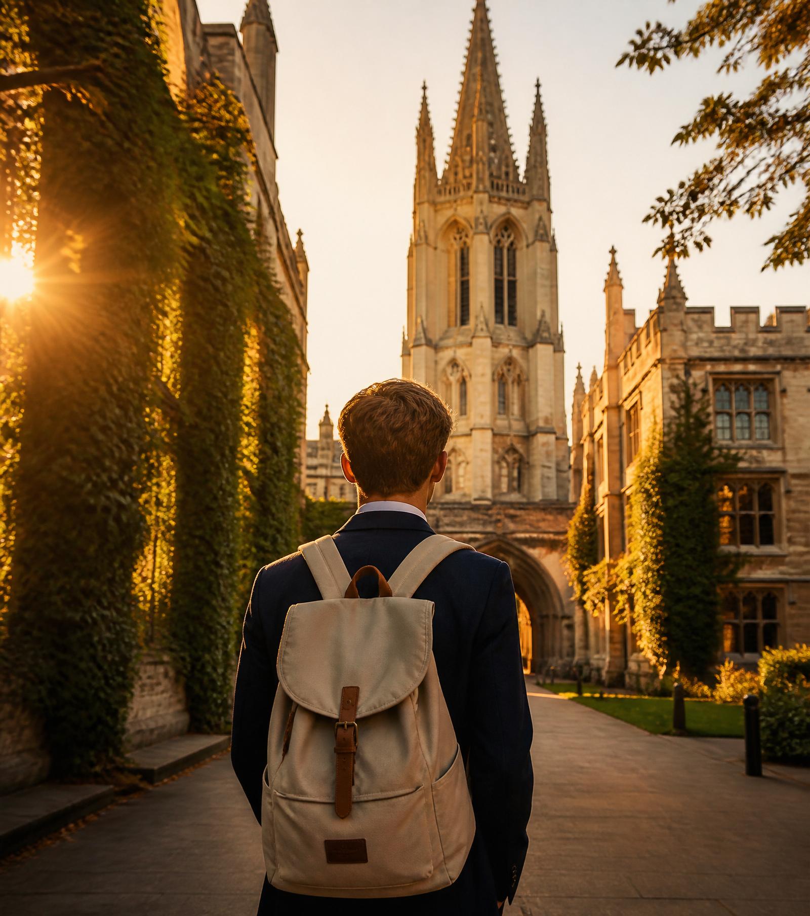 Student walking toward a university campus at golden hour